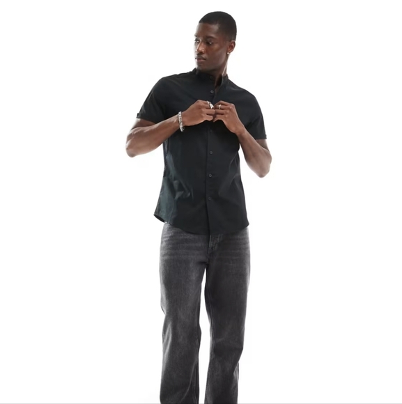 5 for $20 | ASOS DESIGN Slim Fit Band Collar Shirt With Roll Sleeves - Picture 2 of 16